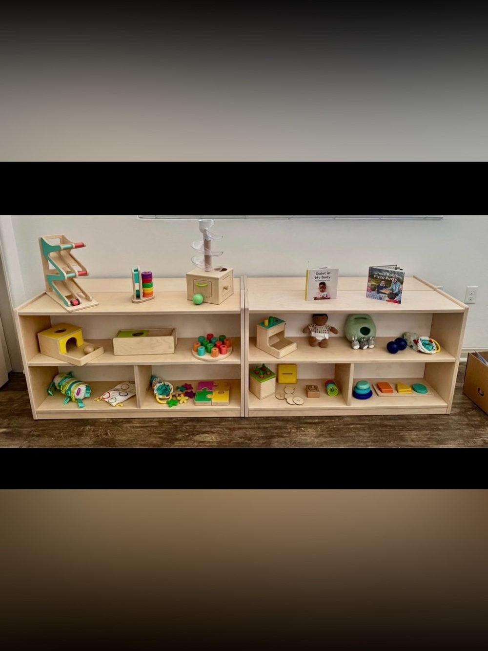 Wooden Montessori Activity Shelf with Colorful Toy Set - Green Accents